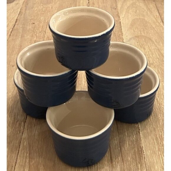 Le Creuset Ramekin Custard Cups Set of Heritage Blue Stoneware